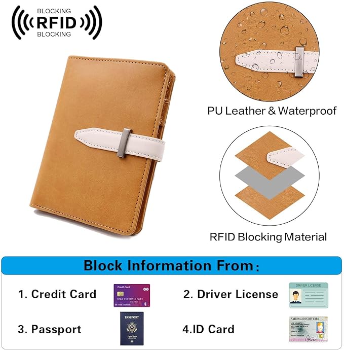 Passport wallets, Mulit-purpose RFID Blocking Passport Holder AirTag Wallet, Travel Wallet Cover Case（Brown）