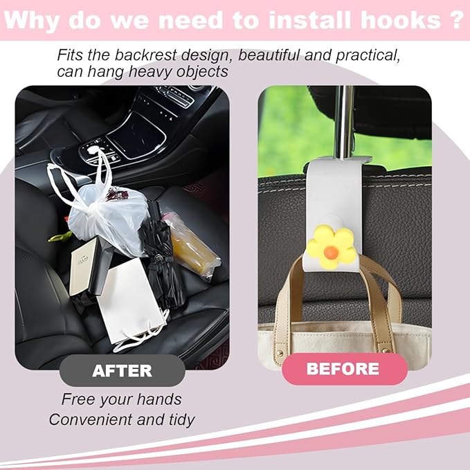 4 PCS Car Headrest Hook, Multifunctional Flower Vehicle Seat Back Storage Hook, Cute Automotive Seatback Organizer Hanger for Purse Grocery Bag Handbag, Universal Fit (Beige/Yellow)
