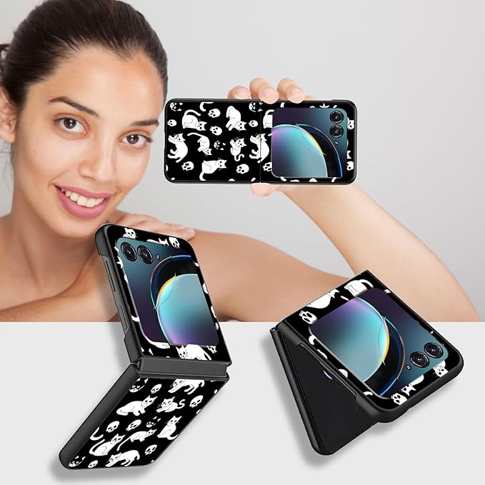 for Motorola Moto Razr 2024 Case,Moto Razr 50 Phone Case Cute Slim Hard PC Ultra-Thin Anti-Scratches Shockproof Protective Cover,Black White Cat