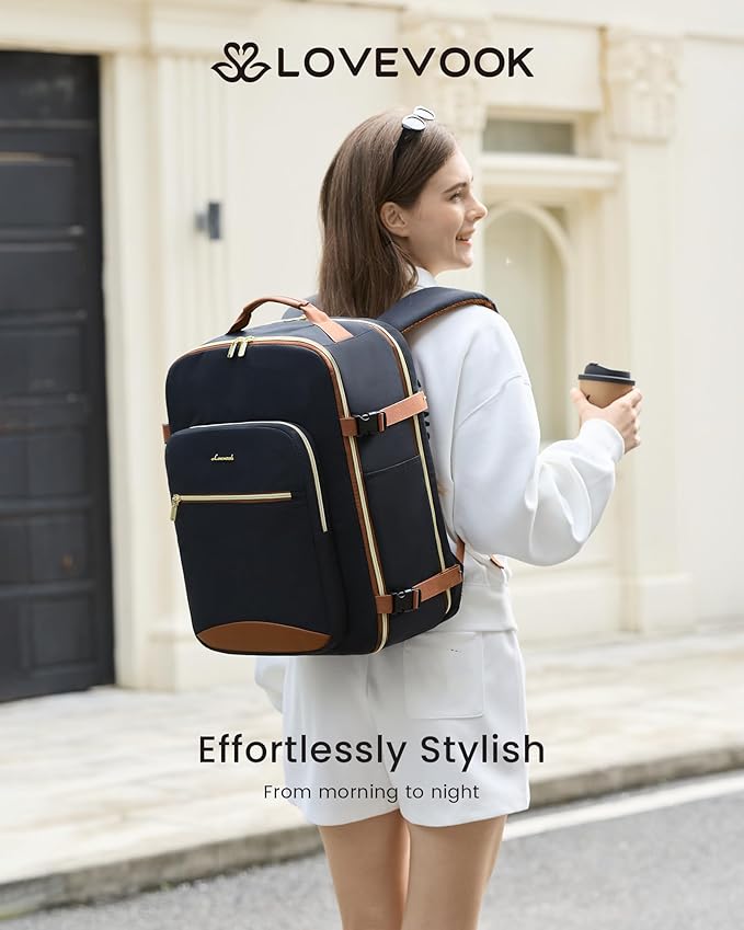 LOVEVOOK 50L Large Travel Backpack for Women Men Fits 17 Inch Laptop, Carry on Backpack for Traveling on Airplane, Personal Item Bag Airline Approved, Business Causal Weekender Backpack, Black-Brown