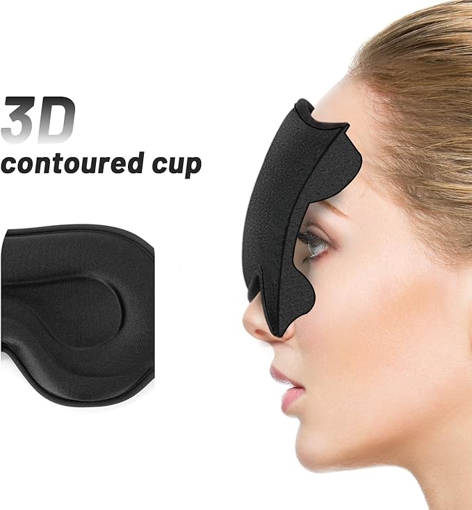 Sleep Eye Mask for Men Women, Sleeping Mask for Side Sleeper, Travel Blackout Night Blindfold Eye Shade Cover with Adjustable Strap (Black)