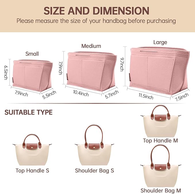 OPPOSHE Purse Organizer Insert for Longchamp Le Pliage, Premium Felt Long Champ Bag Handbag Women, Tote Organizer Insert with 9 Compartments (Large, Pink)