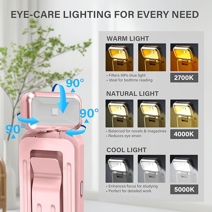 KTEBO Rechargeable Book Light with Clip & Battery Indicator, 9 Luminescence Modes, USB-C Portable 1.6 oz Ultralight Lamp for Night Reading in Bed, Readers - Pink