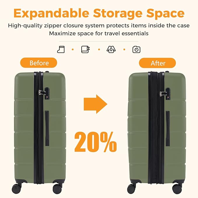 NEWBULIG 3 Piece Luggage Set, Expandable Hard Shell Lightweight Rolling Suitcases with Smooth Spinner Wheels and TSA Lock, Travel Luggage for Business and Holiday Use, 20/24/28 Inch, Green
