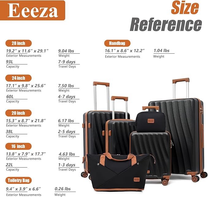 Luggage Sets 6 Piece Suitcases with Wheels,ABS Hard Case Suitcases with Spinner Wheels,Durable Travel Luggage with Combination Lock (Black, 6 Piece Set 16"/20"/24"/28")