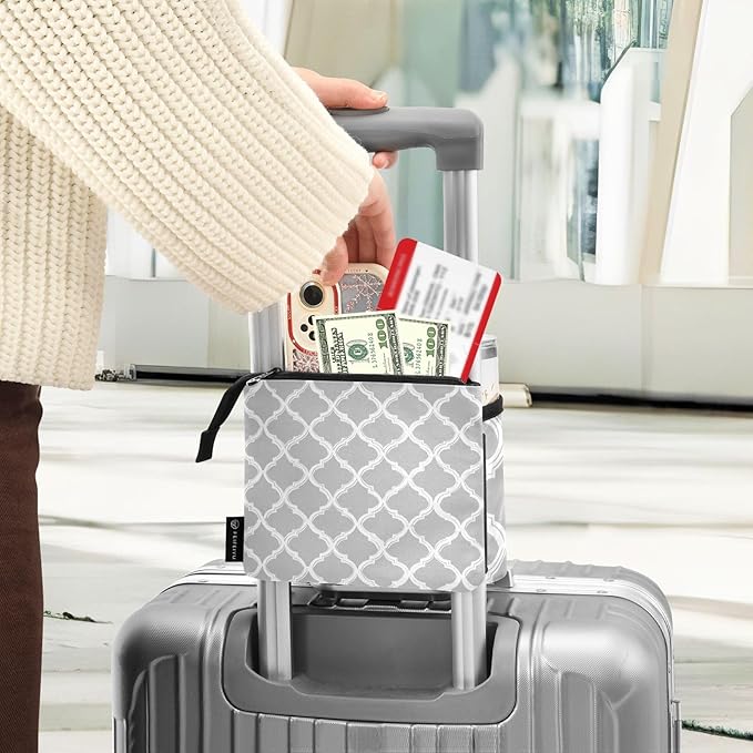 Luggage Cup Holder for Suitcases Free Hands Suitcase Cup Holder Travel Luggage Drink Holder Portable Luggage Cup Caddy Bag Carrier with Handle Silver Minimalist Quatrefoil