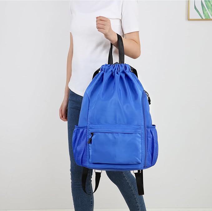Valleycomfy Waterproof Drawstring Gym Backpack Bag for Men & Women,Sports Gym Bag with Side Pocket Blue