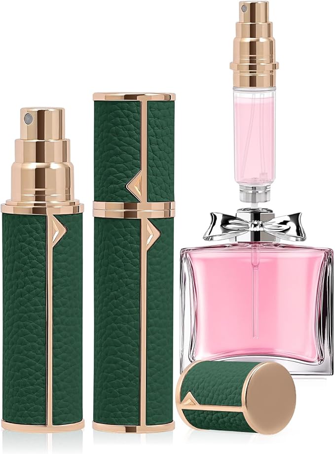 Refillable Travel Perfume Bottle – Fine Mist Atomizer, Bottom Fill, Genuine Leather Shell, TSA Approved, For Daily Refresh & Travel (Green, 5ml)