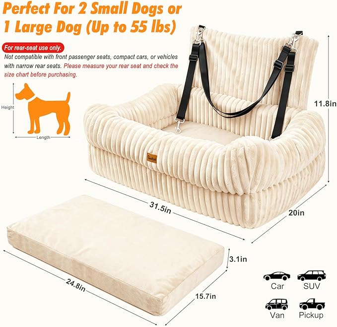 Pawaboo Dog Car Seat, Dog Booster Car Seats with Memory Foam, Thickened Cushion & Washable Removable Cover, Pet Travel Carseat Bed with Safety Leashes for Medium/Large Dogs or 2 Small Dogs, Beige