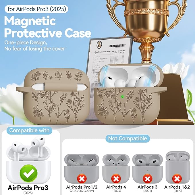 for Airpods Pro 3 Case with Magnetic Lid, Flower Engraved Cases for Apple AirPods Pro 3rd Generation 2025, Soft Silicone Cover for Women Girly with Cleaner & Keychain, Shockproof