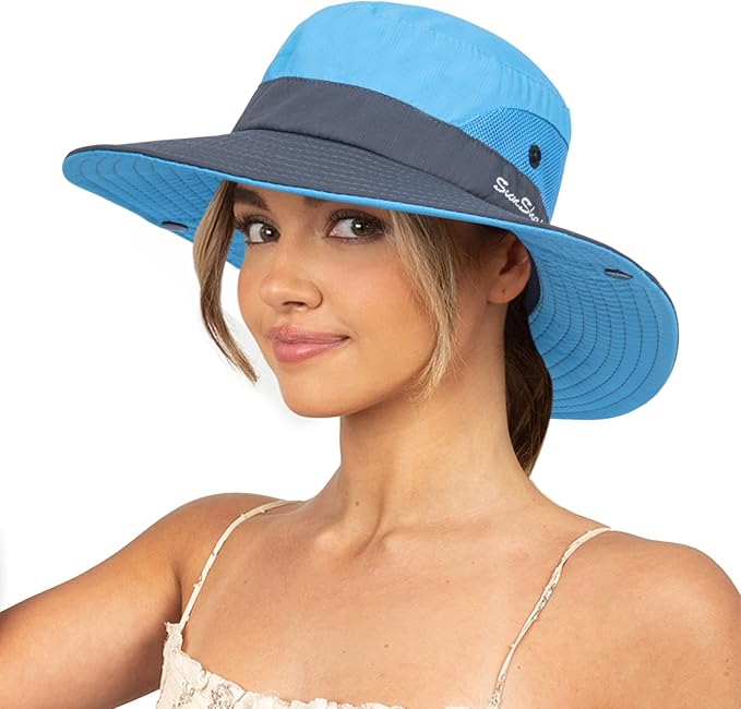 Sun Hat for Women Summer UV Protection Beach Hat Wide Brim Mesh Bucket Fishing Hat with Ponytail Hole Foldable Packable Hat