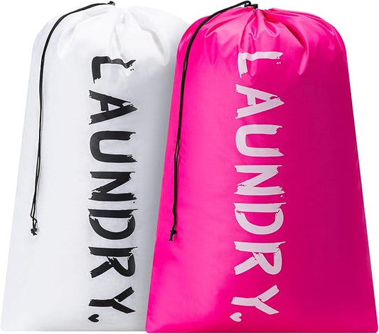 2 Pack XL Travel Laundry Bag, Machine Washable Dirty Clothes Organizer with Drawstring,Large Enough to Hold 4 Loads of Laundry, Easy Fit a Laundry Hamper or Basket Travel Essentials 24" x 36"