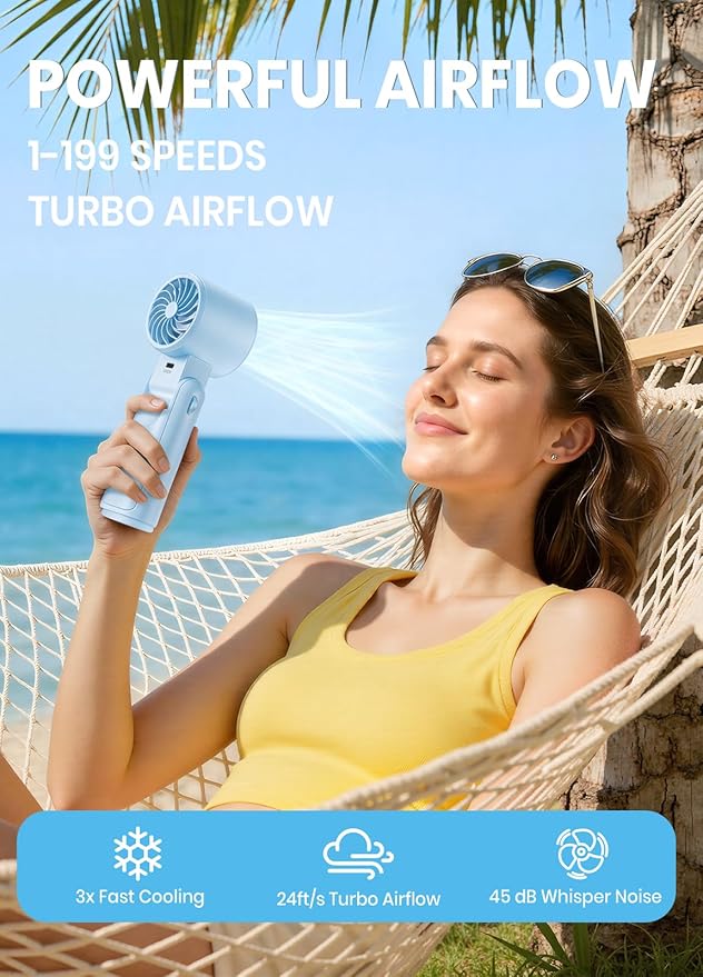 Portable Handheld Turbo Fan, 1-199 Speed Adjustable with LED Display, High-Power Motor, Rechargeable Battery, 4 IN 1 Pocket Design Mini Fans for Indoor/Outdoor/Travel/Work, Blue