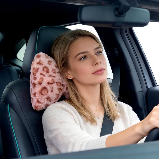 Macarrie 2 Pcs Car Neck Pillow Velvet Bow Headrest Pillow Soft Comfortable Seat Neck Support Cute Bow Car Accessories for Driving Travel Driver Chair Girl Style Interior Decor (Pink Leopard)