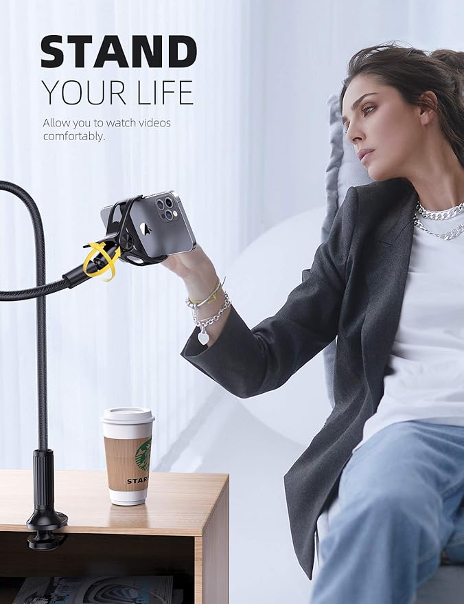 Lamicall Gooseneck Phone Holder for Bed - Overall Length 38.6in, Flexible Leather Wrapped Arm, 360 Adjustable Clamp Clip, Overhead Cell Phone Mount Stand for Desk, Compatible with All Cellphone (4-7”)
