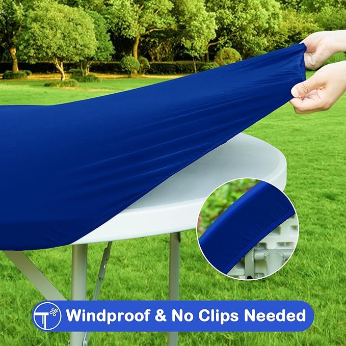 Wolkemer 2 Pack 5 Foot Blue Fitted Tablecloth 60 Inch Round Elastic Edges Table Cloth, Spandex Stretch Table Cover with Machine Washable Fabric for Wedding Party Picnic Dining Indoor Outdoor