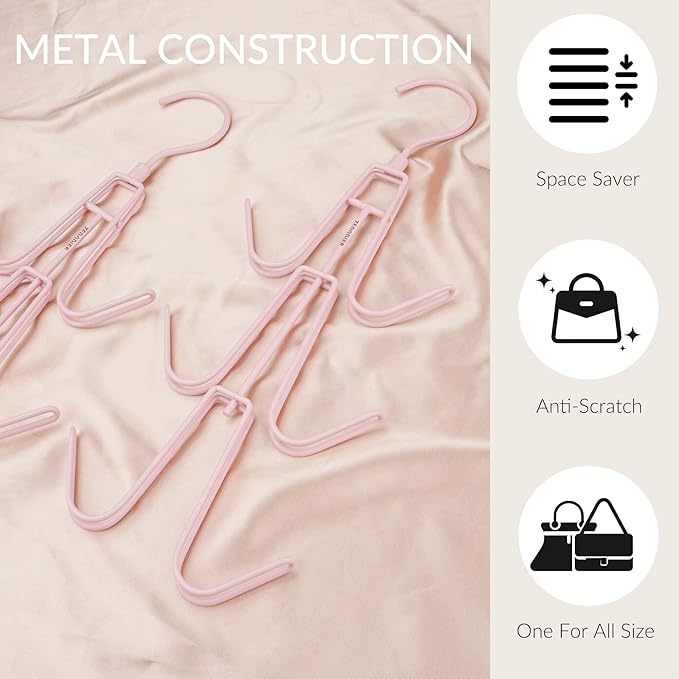 ZEDODIER 2 Pack Purse Organizer for Closet, Heavy-Duty Hanging Purse Hanger Closet Holds Up to 12 Purses, Metal Rotating Space Saving Bag Holder Handbag Storage Hook Backpack Rack, Pink
