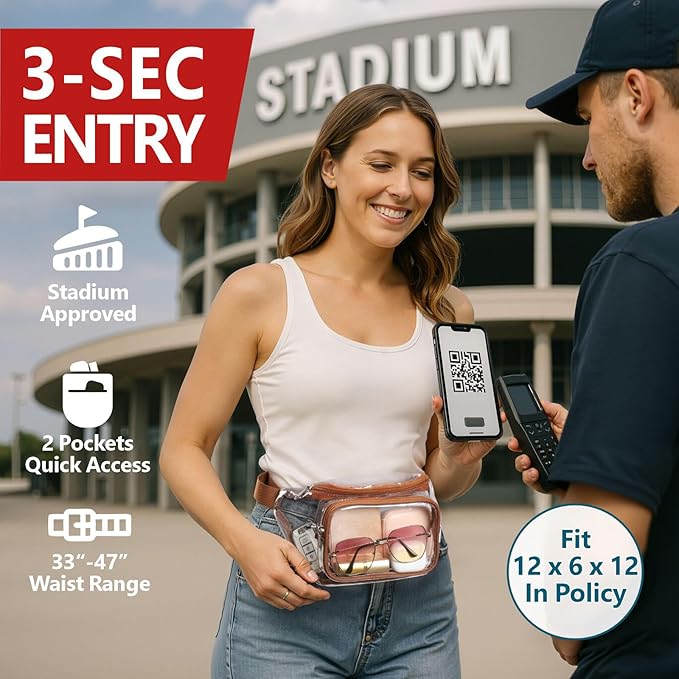 Veckle Clear Fanny Pack Stadium Approved - Adjustable 33-47 Inch Strap, Transparent Belt Bag for Women Men Fits 7.5-inch Smartphone, Waist Bag Clear Bag for Stadium Events, Sport, Concerts, Brown