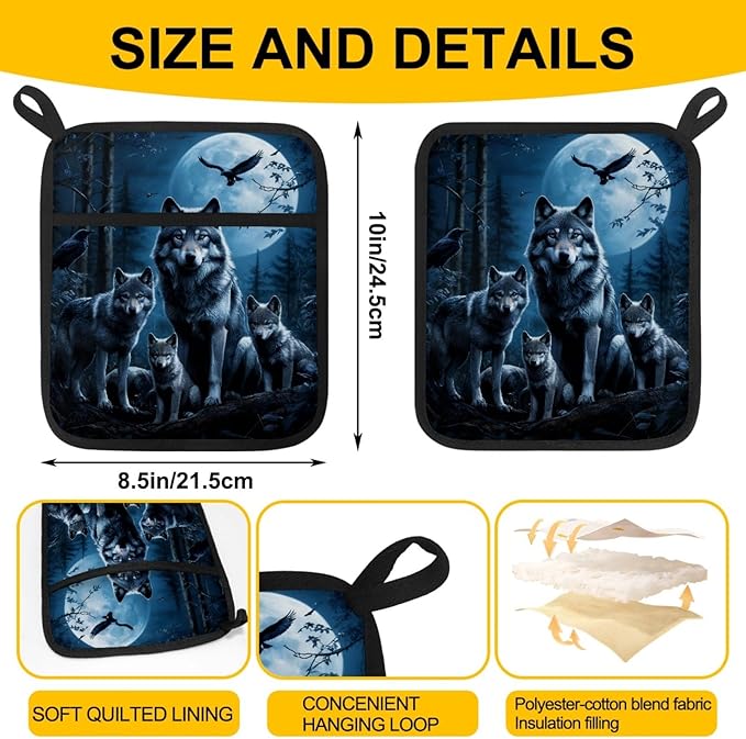 Wolf Family Pot Holders with Pockets 2 PCS, Heat Resistant Oven Mitts Hot Pads for Kitchen Baking Cooking, Square Thick Pot Holders Kitchen Hot Potholders, 8.5x10 Inches