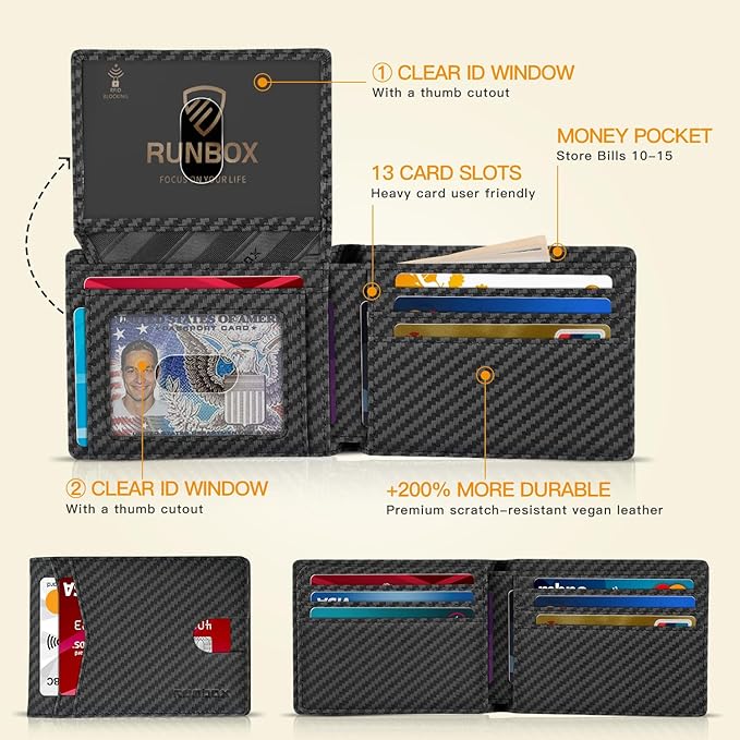 RUNBOX Wallet for Men -Slim Rfid Leather Mens Bifold Novelty Wallets 2 ID Window With Gift Box Men's Accessories | Slim