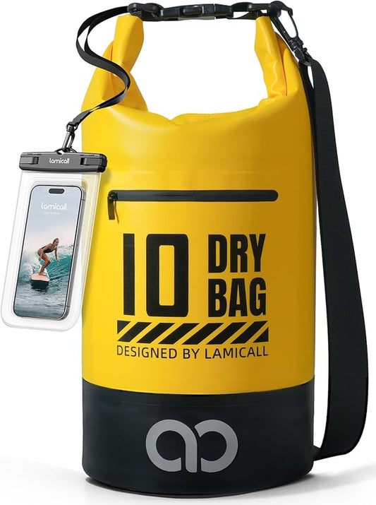 Lamicall Waterproof Dry Bag with Phone Pouch, Floating Roll Top Backpack, 10L, Yellow