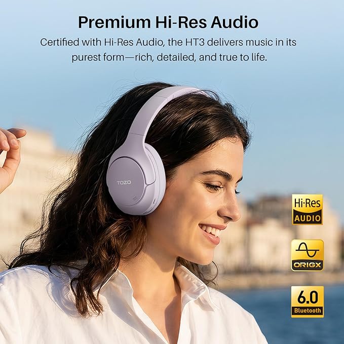 TOZO HT3 Hybrid Noise Cancelling Headphones, 90H Battery Life Wireless Over Ear Bluetooth 6.0 Foldable Headset, AI Voice Assistant with 5 Mics, Connect 2 Devices and Hi-Res Sound, 32 EQ Audio Presets