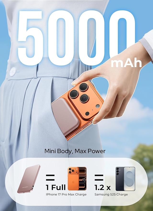 Aobbow Magnetic Portable Charger, 50% Smaller & Slimmer 5000mAh Power Bank with LED Display, 15W Fast Charging Battery Pack, Travel Essential MagSafe Compatible Charger for iPhone 17/16/15 - Rose Gold