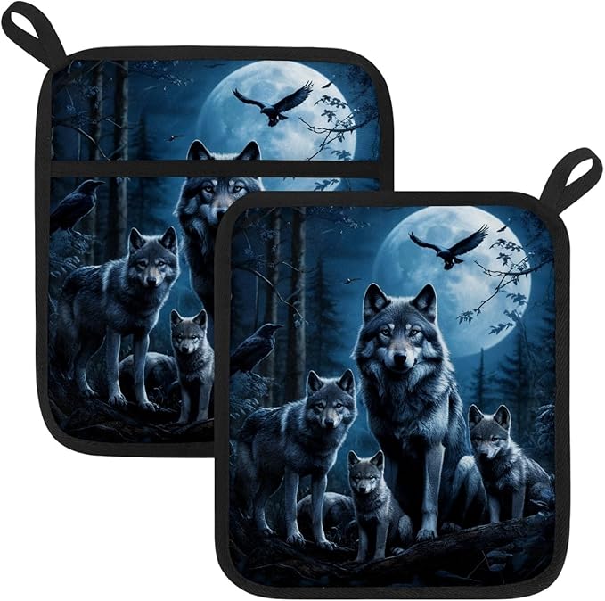 Wolf Family Pot Holders with Pockets 2 PCS, Heat Resistant Oven Mitts Hot Pads for Kitchen Baking Cooking, Square Thick Pot Holders Kitchen Hot Potholders, 8.5x10 Inches