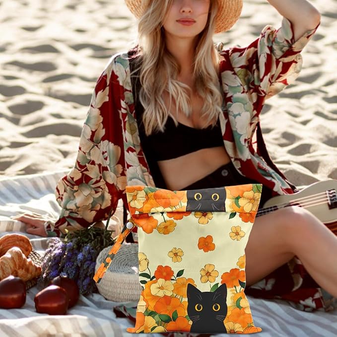Black Cat Floral Wet Dry Bags Reusable Waterproof Wet Bags Swimsuit Bag Diaper Pouch for Travel Towels Beach Gym Cat Gifts for Women Friend Travelers 10 x 13 Inches