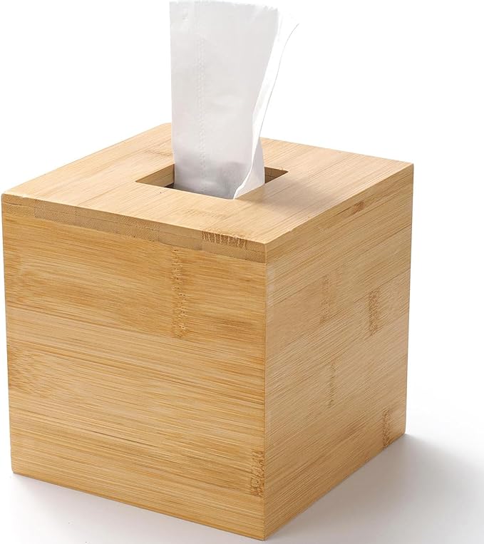 Bamboo Tissue Box Cover, Square Wood Tissue Box Holder, Wooden Facial Paper Holder for Bathroom, Bedroom, Dinner Table, Office (2 Pack, 5.7 x 5.7 x 5.7 inch)
