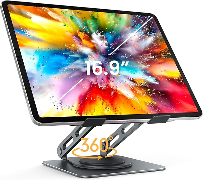 LOXP Metal Tablet Stand, 360 Rotating iPad Stand with Heavy-Duty Base, Tablet Holder Compatible with 4.0-16.9" Device, iPad Pro Air Mini, Kindle, Surface Tablet, Portable Monitors - Gray