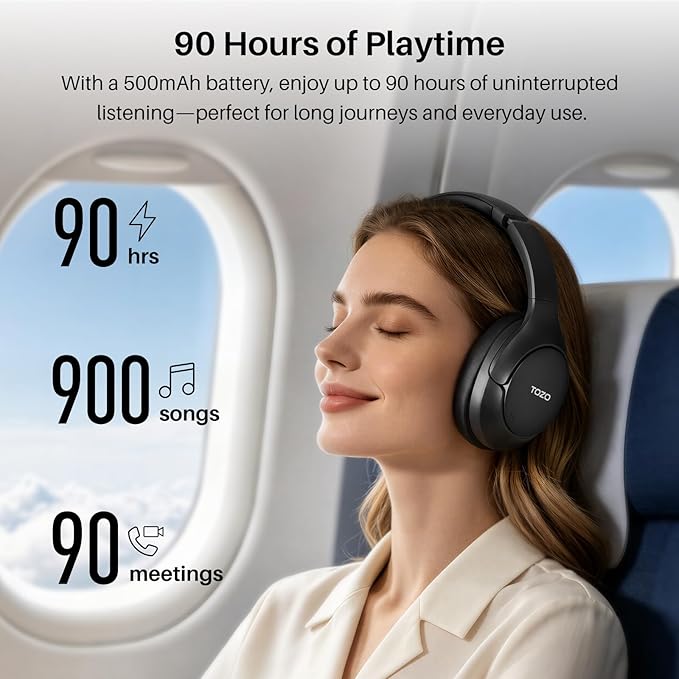 TOZO HT3 Hybrid Noise Cancelling Headphones, 90H Battery Life Wireless Over Ear Bluetooth 6.0 Foldable Headset, AI Voice Assistant with 5 Mics, Connect 2 Devices and Hi-Res Sound, 32 EQ Audio Presets