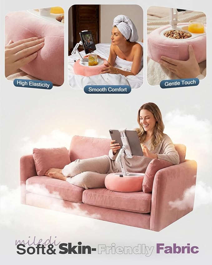 Tablet Pillow Stand, Compatible with 5"-12.9" Kindle, iPad, Phone/Tablet, Google, Samsung, 360° Rotating Phone Holder for Bed, Soft Plush Fabric, Detachable Bowl, Reading and Relaxation on Bed, Pink