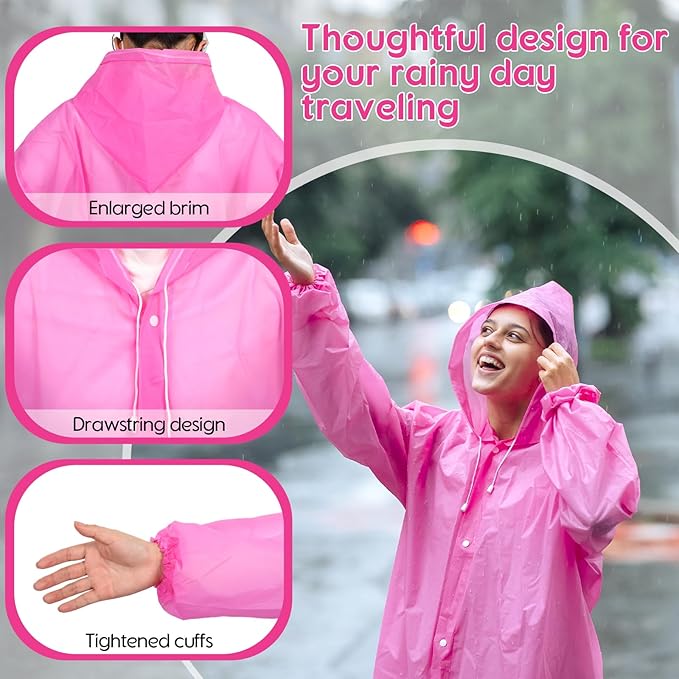Rain Ponchos for Adults Reusable Rain Coats with Hood and Drawstring Thicken Ponchos Waterproof for Women(Pink)