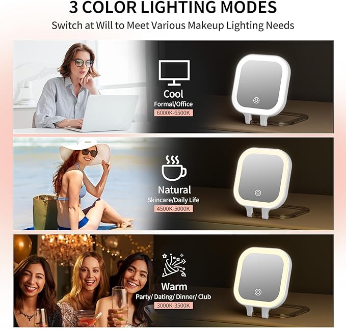 FUNTOUCH Travel Mirror with Light, Compact Mirrors, 1x/30x Magnifying Mirror with 3 Color Lights and Adjustable Brightness, 4.5x3.9 inch Small Compact Hangable Hand Pocket Mirrors,White