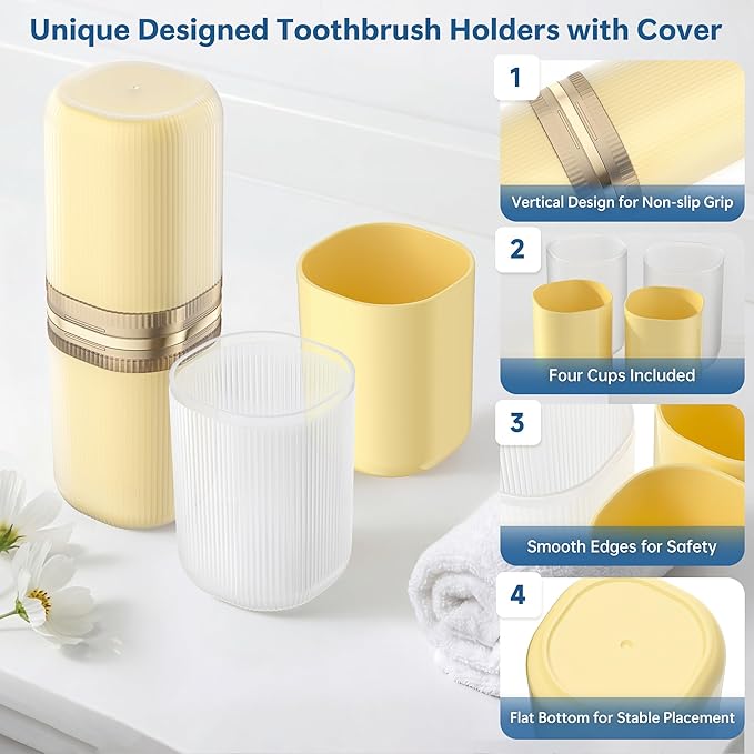 Quatish 4-in-1 Toothbrush Travel Case, Portable Toothbrush Holder with 4 Rinse Cups, Large-Capacity Storage for Toothbrush & Toothpaste, Ideal for Travel, Home, Camping, Gym, Business Trip (Yellow)