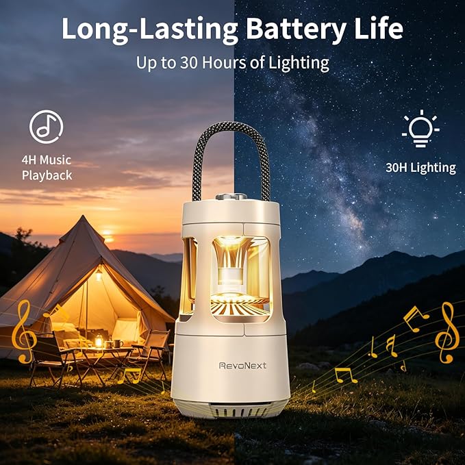 Revonext Bluetooth Speaker Lantern 4000mAh,IPX4 Waterproof Rechargeable Camping Lantern with Bluetooth Speaker for Power Outage, Hurricane, Hiking Party Garden Patio,Outdoor Music Party (White)