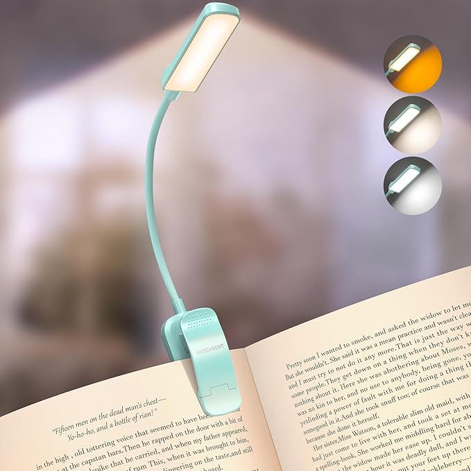 Glocusent 13 LED Rechargeable Book Light for Reading at Night, Eye-Caring 3 Amber Colors & Stepless Dimming, Lasts 1 Week to 2 Months, Travel Clip on Lamp, Gifts for Book Lovers, Men, Women & Kids