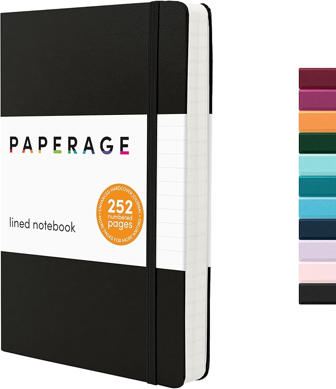 PAPERAGE Lined Journal Notebook, Hardcover Journal for Women & Men, 252 Pages, (5.6 in x 8 in), College Ruled Journaling Notebook for Work, School Supplies & Note Taking, (Black)