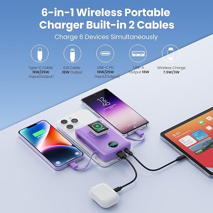 Ekrist Magnetic Portable Charger for MagSafe with Built-in Cable,iWatch Charger,Wireless Power Bank Travel Essentials,25W Fast Charging Battery Pack for iPhone 17/16/15,Apple Watch(Purple,10800mAh)
