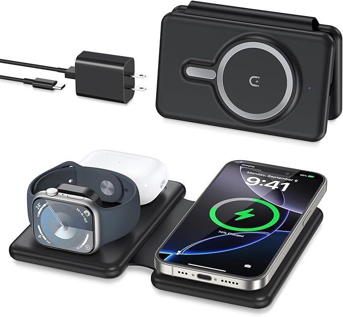 Wireless Charger iPhone - 3 in 1 Charging Station for Apple Devices for iPhone 17 16 15 14 13 12 Pro Max Plus - Foldable Magnetic Charging Pad for Apple Watch Series & Airpods Series