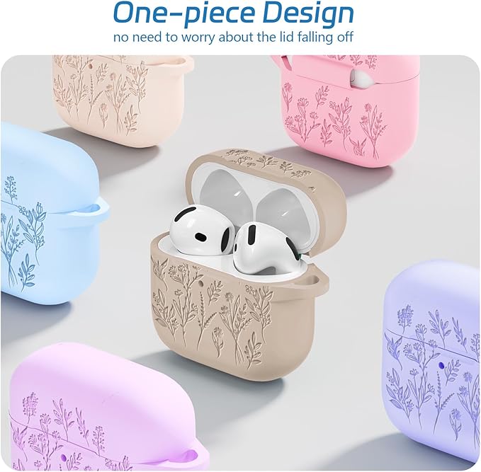 for Airpods 4 Case, Ekoonpft Flower Engraved Cases for Apple AirPods 4th Generation 2024, Soft Silicone Cover for Women Girly with 3-in-1 Cleaning Kit & Keychain, Anti-Scratch, Shockproof