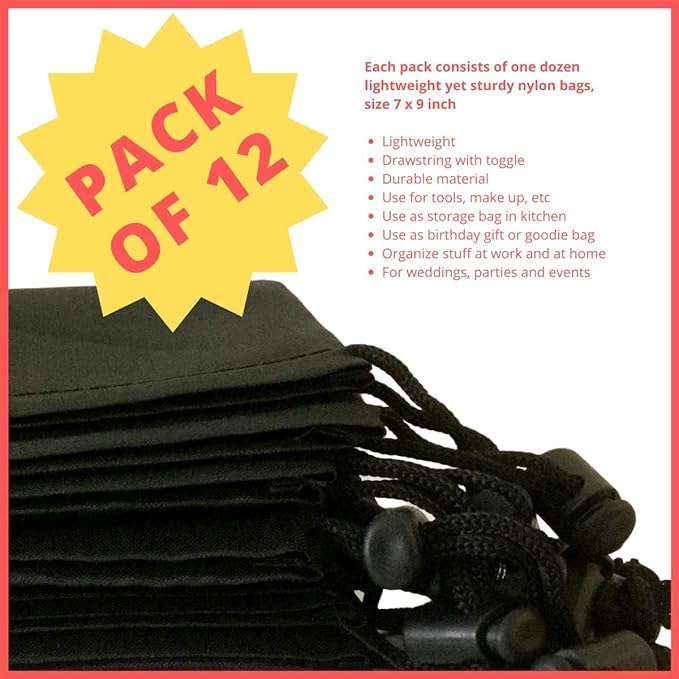 PALTERWEAR Drawstring Pouch (7 x 9 Inch, 12 Pack, Black) Nylon Cinch Bag with Toggle for Travel, Gym and Storage