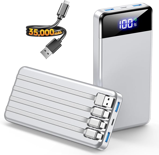 Portable Charger 35000mAh Power Bank - Powerbank with 4 Built in Cables, 22.5W Fast Charging Travel Camping Essential Battery Pack Compatible with iPhone 17 16 15 14 13 Samsung Google, 1 Pack, Silver