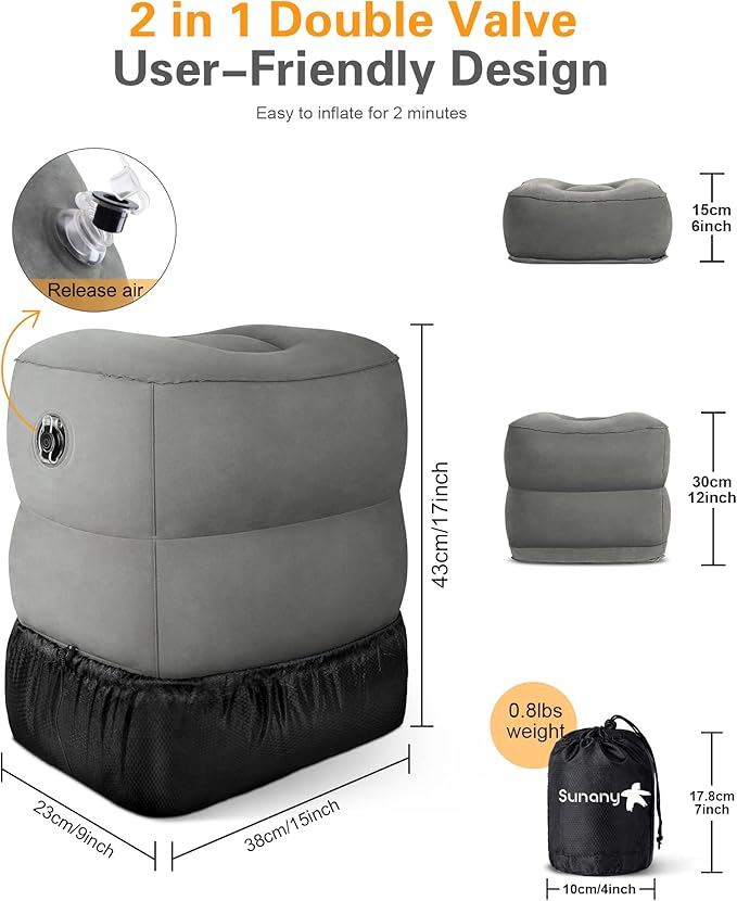 Sunany Inflatable Foot Rest Pillow for Airplane Travel, Adjustable Height for Kids/Adults to Sleep While Traveling,Suitable for Airplane, Office, Home, Trains, Cars and Any Travel（Dark Grey,2 Pack）