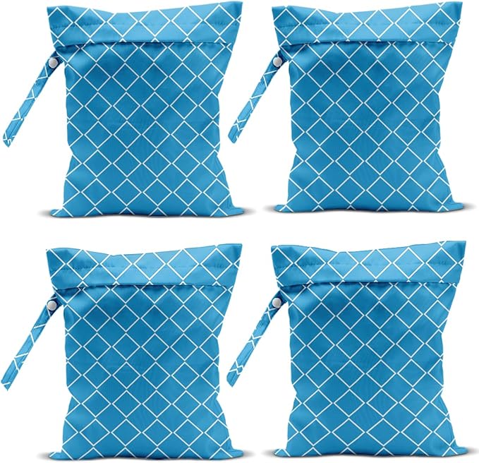 Wet Bag, 4Pcs Wet Dry Bag Set, Reusable Waterproof Bags with Blue Diamond Lattice for Women, Ideal for Beach Vacations, Pool Days, Travel & Daily Essentials Storage