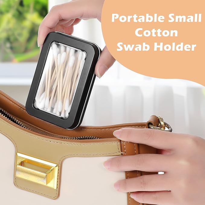 4 Pcs Travel Cotton Swab Holder, Portable Floss Pick Holder, Clear Dustproof Travel Qtips Case with Lid, Metal Cotton Ball Holders for Dental Floss, Hair Ties & Small Items (Black)