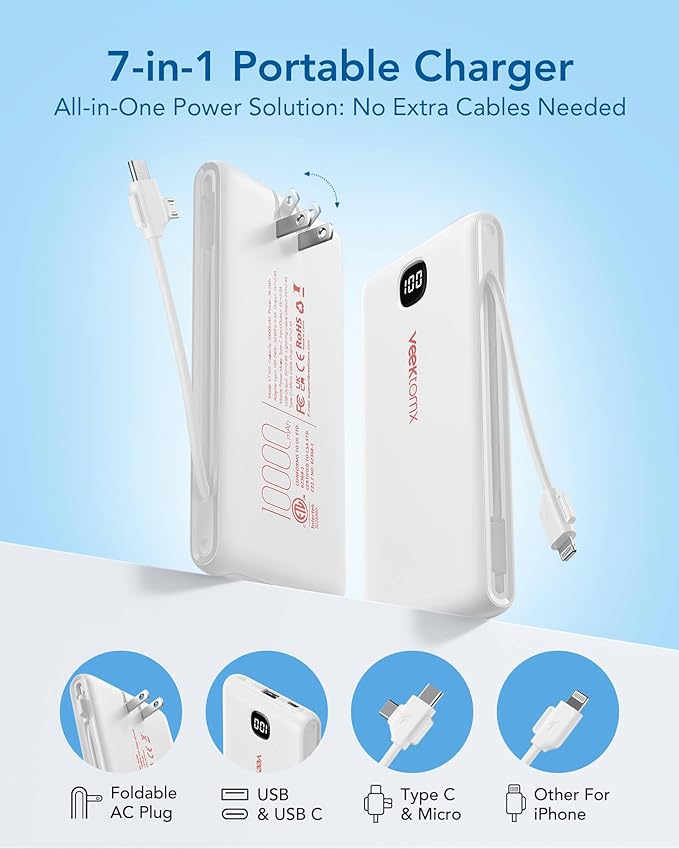 VEEKTOMX Portable Charger with Built in Cables 10000mAh, Power Bank for iPhone with AC Wall Plug, Fast Charging USB C Slim Battery Pack with LED Display Compatible with iPhone 17/16/15, Samsung