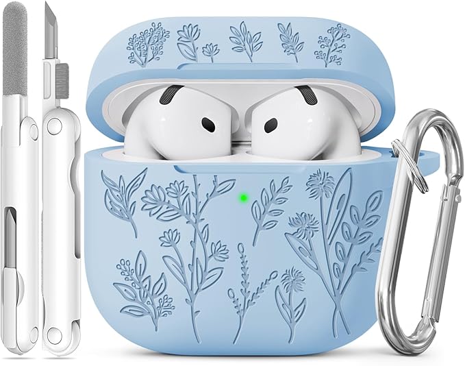 for Airpods 4 Case, Ekoonpft Flower Engraved Cases for Apple AirPods 4th Generation 2024, Soft Silicone Cover for Women Girly with 3-in-1 Cleaner Kit, Keychain, Military Grade Protection