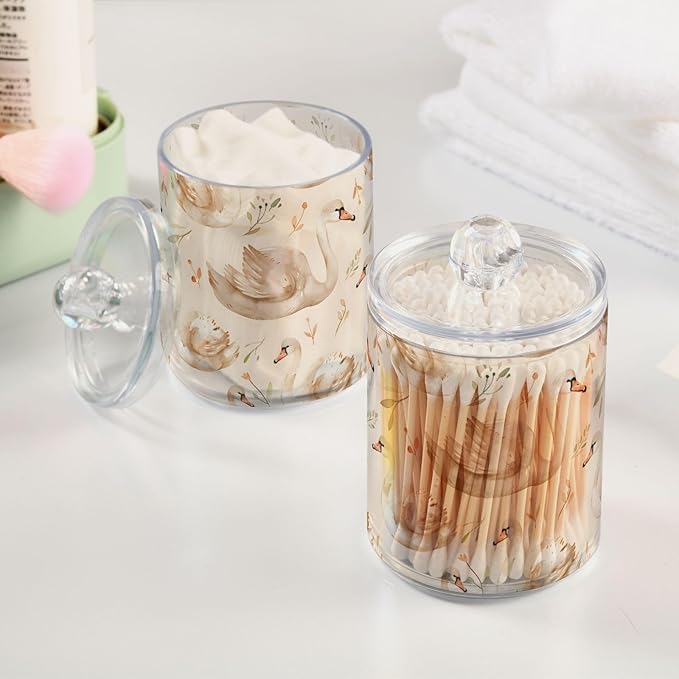 2 Pack Qtip Holder Organizer Dispenser Swans and Grass Bathroom Storage Canister Cotton Ball Holder Container for Cotton Pads/Swabs/Floss